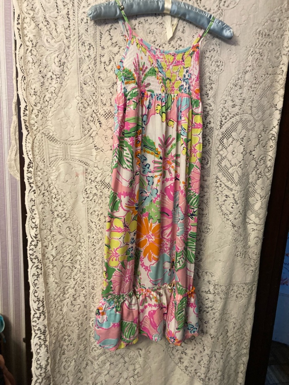LILLY PULITZER Floral Print Smocked and Ruffled Girls Dress M (7/8)